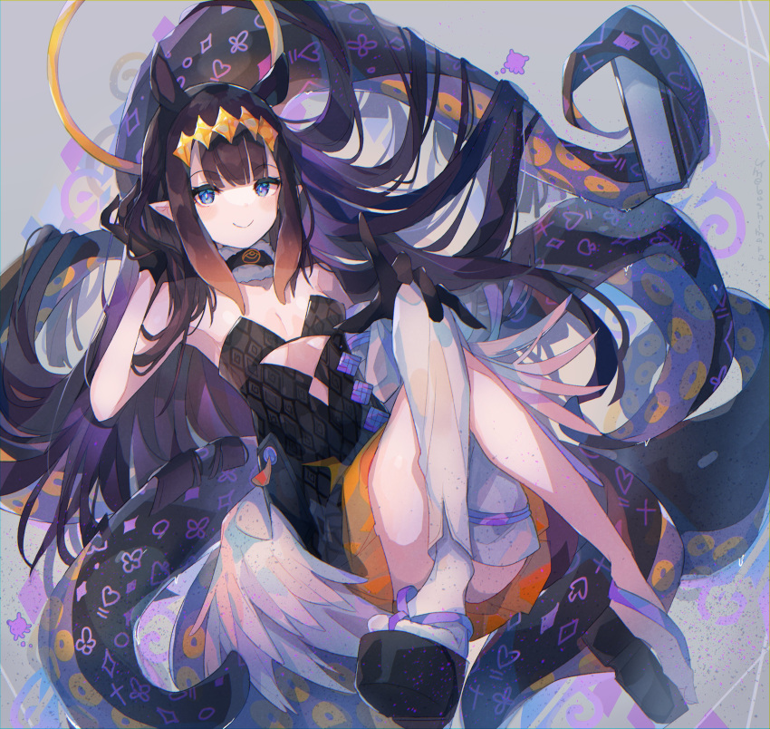 1girl absurdres bangs black_dress black_gloves blue_eyes blunt_bangs blush book breasts crossed_legs dress full_body fur_collar gloves halo hand_in_hair hand_on_own_knee highres holding holding_book hololive hololive_english long_hair looking_at_viewer low_wings monster_girl ninomae_ina'nis pointy_ears purple_hair single_thighhigh sitting small_breasts smile solo tentacle_hair tentacle_hold tentacles thighhighs tiara umemaro_(siona0908) virtual_youtuber wings zouri