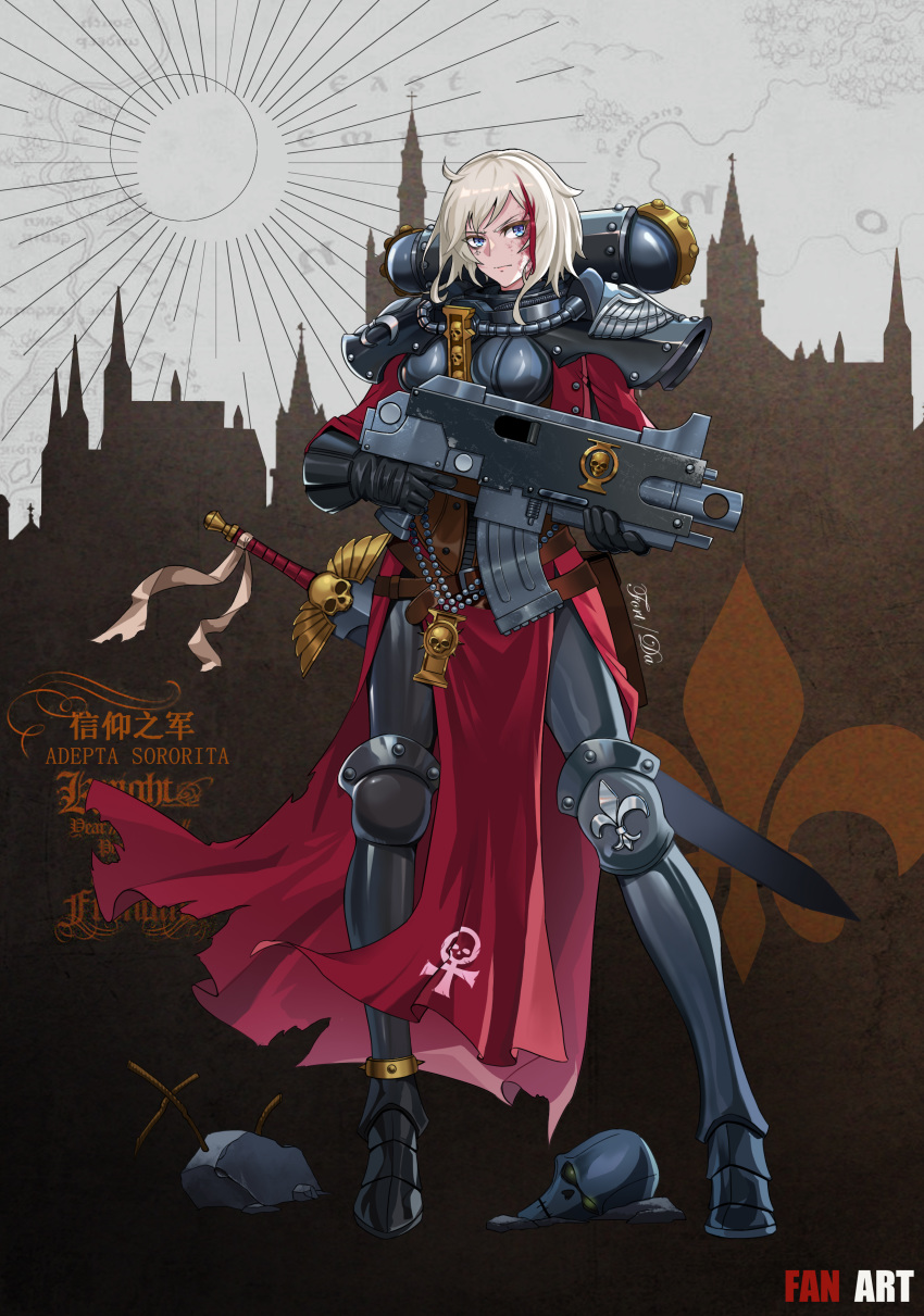 1girl absurdres adepta_sororitas armor blood blood_on_face bloody_hair blue_eyes bolter facial_tattoo fleur_de_lis full_body gold greaves highres holding holding_weapon medium_hair moonface pauldrons pelvic_curtain power_armor power_sword shoulder_armor skull solo standing tattoo warhammer_40k weapon white_hair