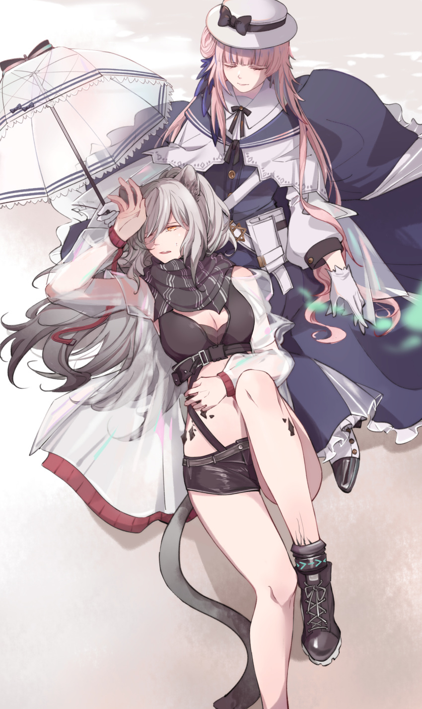 2girls absurdres animal_ears arknights arm_up bangs bare_legs black_bow black_footwear black_scarf black_shorts blue_dress bow breasts cat_ears cat_tail ceylon_(arknights) cleavage closed_eyes crop_top dress dullnoko feet_out_of_frame gloves hair_between_eyes hat hat_bow highres jacket long_hair long_sleeves medium_breasts midriff multiple_girls navel open_clothes open_jacket open_mouth oripathy_lesion_(arknights) petticoat pink_hair scarf schwarz_(arknights) shoes short_shorts shorts silver_hair stomach tail thighs umbrella very_long_hair white_gloves white_headwear white_jacket white_umbrella yellow_eyes