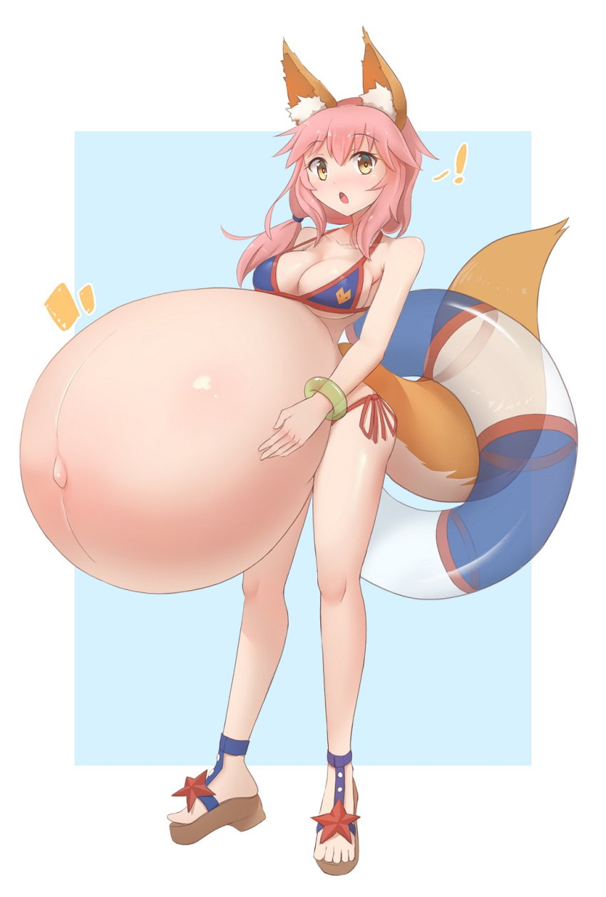 1111122 animal_humanoid belly big_belly big_breasts bikini breasts canid canid_humanoid canine canine_humanoid caster_tamamo-no-mae cleavage clothed clothing fate_(series) female fox_humanoid hair hi_res humanoid hyper hyper_belly hyper_pregnancy mammal mammal_humanoid pink_hair pregnant solo swimwear