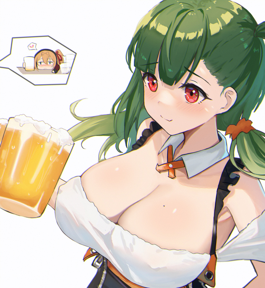 2girls aer7o alcohol alternate_costume bangs bare_shoulders beer black_hairband blue_eyes breasts cleavage collar collarbone cup dress drunk eyebrows_visible_through_hair g28_(girls_frontline) girls_frontline glass green_hair hair_between_eyes hair_ornament hair_ribbon hairband highres holding holding_cup kalina_(girls_frontline) large_breasts long_hair mole mole_on_breast multiple_girls orange_hair red_eyes red_ribbon ribbon short_sleeves side_ponytail smile thick_eyebrows white_background