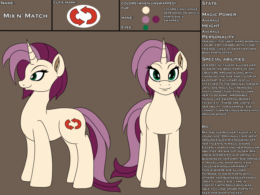 2020 4:3 english_text equid equine fan_character female feral green_background green_eyes hasbro hi_res horn inner_ear_fluff mammal mane mix_n'_match model_sheet multicolored_mane my_little_pony novaspark pink_mane simple_background smile solo tan_body text tuft two_tone_mane unicorn