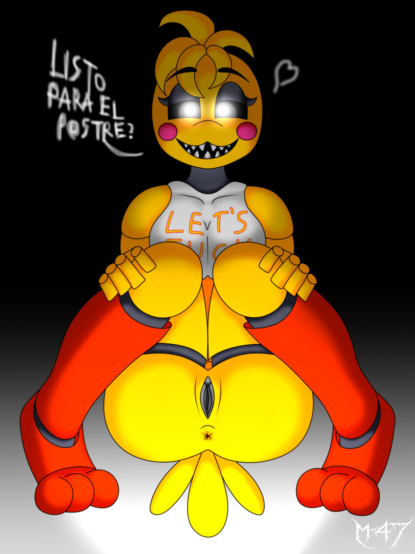 3:4 animatronic anthro anus black_sclera blush blush_stickers bottomless clothed clothing dialogue female five_nights_at_freddy's five_nights_at_freddy's_2 front_view genitals glowing glowing_eyes hi_res looking_at_viewer m-47 machine pussy robot sharp_teeth sitting solo spanish_text talking_to_viewer teeth text toy_chica_(fnaf) video_games white_eyes