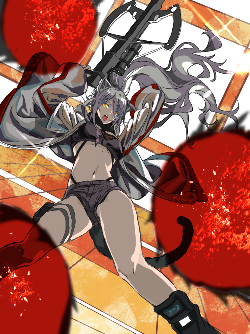 1girl animal_ears arknights arms_up black_footwear black_shorts boots bow_(weapon) breasts cat_ears cat_tail cowboy_shot crossbow eyebrows_visible_through_hair hair_between_eyes highres holding holding_weapon jacket long_hair looking_at_viewer medium_breasts midriff navel nobita open_clothes open_jacket open_mouth ponytail pov schwarz_(arknights) short_shorts shorts silver_hair solo sparkle spread_legs tail thigh_pouch thigh_strap thighs tile_floor tiles weapon white_jacket yellow_eyes