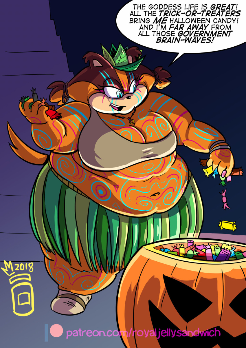 anthro badger breasts candy cleavage clothed clothing dialogue english_text female food halloween hi_res holidays jack-o'-lantern mammal mustelid musteline overweight overweight_anthro overweight_female royaljellysandwich solo sonic_boom sonic_the_hedgehog_(series) sticks_the_jungle_badger text