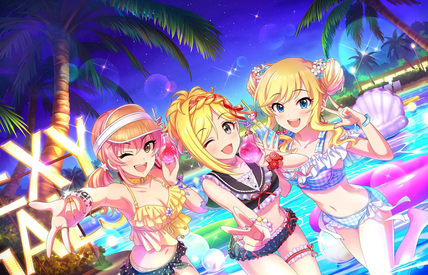 3girls blonde_hair blue_eyes coconut_tree fujimoto_rina grey_eyes highres idolmaster idolmaster_cinderella_girls idolmaster_cinderella_girls_starlight_stage innertube jewelry jougasaki_mika midriff multiple_girls nail_polish official_art one_eye_closed ootsuki_yui palm_tree ring tree yellow_eyes