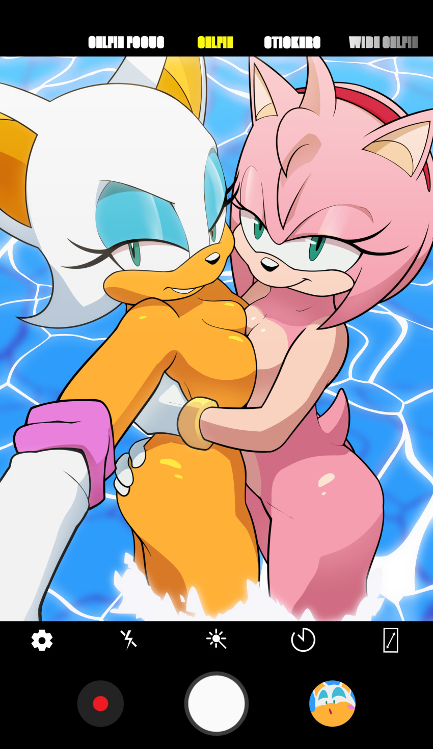 2020 absurd_res amy_rose anthro breast_squish breasts breasts_frottage butt butt_grab chiropteran clothing d-wop duo eulipotyphlan female female/female gloves gloves_only hand_on_butt handwear handwear_only hedgehog hi_res hug interspecies looking_at_viewer mammal mostly_nude nude outside rouge_the_bat sea selfie sonic_the_hedgehog_(series) squish video_games water