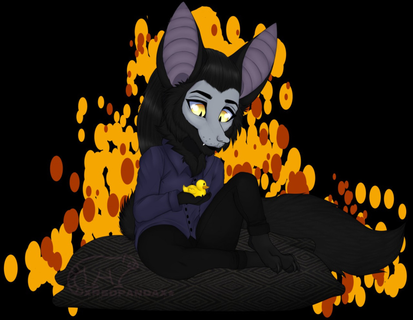 anthro big_ears black_body black_fur black_hair fluffy fur grey_body grey_fur hair long_hair looking_at_object male multicolored_body multicolored_fur myreus rubber_duck simple_background sitting smile solo xredpandax_(artist) yellow_eyes