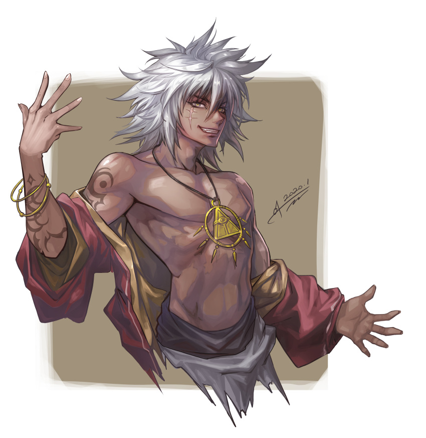 1boy abs absurdres bracelet collarbone dark_skin dark_skinned_male dated grin hair_between_eyes highres jay_b_lee jewelry looking_at_viewer male_focus messy_hair millennium_ring mixed-language_commentary necklace pectorals scar scar_across_eye short_hair silver_hair smile solo touzokuou_bakura upper_body wide_sleeves yuu-gi-ou yuu-gi-ou_duel_monsters