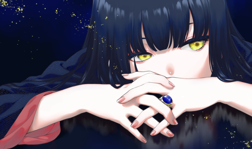 1girl bangs blue_hair blue_theme blunt_bangs chito04 covered_mouth dark_blue_hair eyelashes facing_viewer gem head_rest highres interlocked_fingers japanese_clothes jewelry kimono lapis_lazuli_(gemstone) light_particles long_hair long_sleeves looking_away nail_polish original own_hands_together red_nails ring sayagata sideways_glance solo straight_hair yellow_eyes