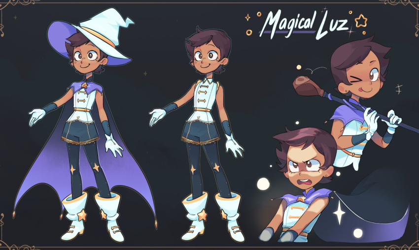 1girl 1other alternate_costume bird boots cape commentary dark_skin gloves hat highres luz_noceda magical_girl min_dei_bae one_eye_closed owl owlbert_(the_owl_house) pantyhose short_hair shorts smile staff the_owl_house tongue tongue_out white_gloves white_headwear witch witch_hat
