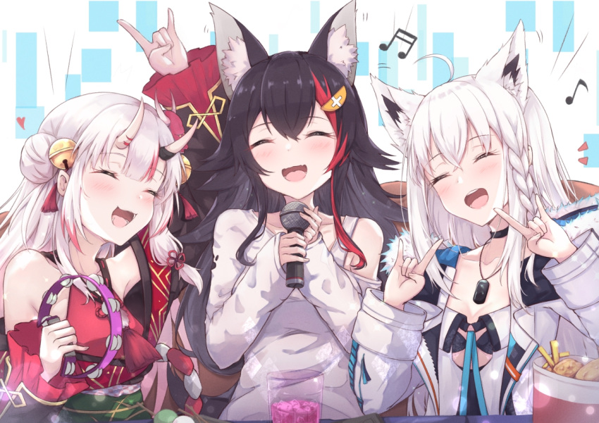 :d \m/ ^_^ ahoge animal_ear_fluff animal_ears bangs bell black_hair blush braid breasts choker closed_eyes eyebrows_visible_through_hair fang flipped_hair fox_ears fox_girl hair_between_eyes hair_down hair_ornament hairclip hakuya_(white_night) holding holding_microphone hololive horns instrument japanese_clothes long_hair microphone multicolored_hair multiple_girls music nakiri_ayame oni oni_horns ookami_mio open_mouth red_hair shirakami_fubuki side_braid silver_hair singing smile streaked_hair tail tambourine very_long_hair virtual_youtuber white_hair wolf_ears wolf_girl wolf_tail