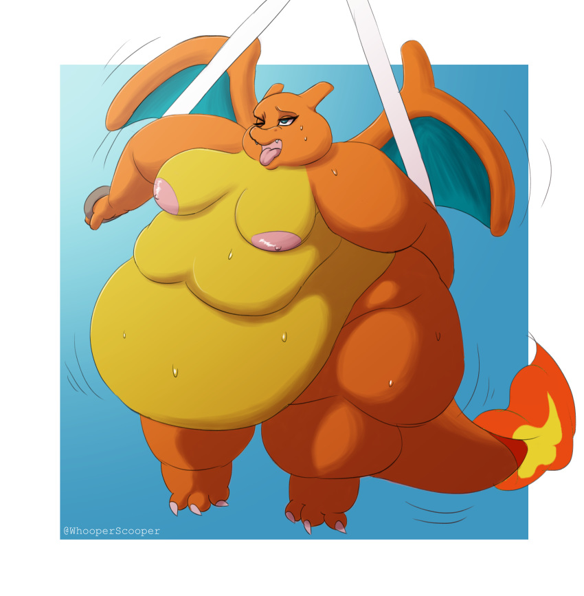 absurd_res anthro areola big_breasts blep blue_eyes bodily_fluids breasts charizard exercise female hi_res huge_breasts morbidly_obese morbidly_obese_anthro morbidly_obese_female nintendo nipples obese obese_anthro obese_female overweight overweight_anthro overweight_female pok&eacute;mon pok&eacute;mon_(species) solo sweat thick_thighs tongue tongue_out video_games whooperscooper