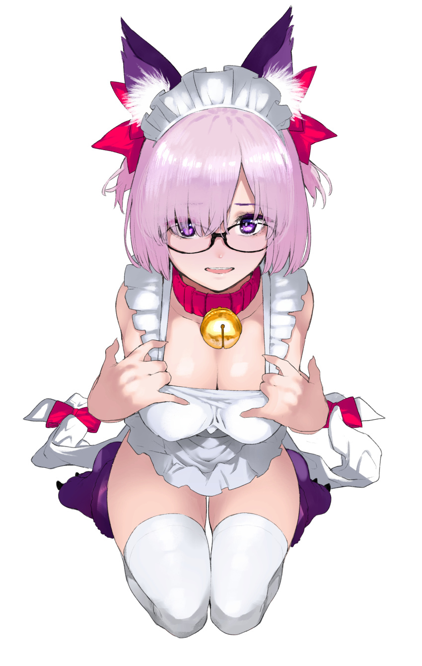 1girl absurdres aka_shiro_kiiro animal_ears apron bangs bell bell_collar blush breasts cat_ears cleavage collar collarbone cosplay fate/extra fate/grand_order fate_(series) frills glasses hair_over_one_eye hair_ribbon highres jingle_bell light_purple_hair looking_at_viewer maid_headdress mash_kyrielight naked_apron open_mouth paw_shoes purple_eyes red_ribbon ribbon seiza shoes short_hair simple_background sitting smile tamamo_(fate)_(all) tamamo_cat_(fate) tamamo_cat_(fate)_(cosplay) thighhighs two_side_up white_apron white_background white_legwear