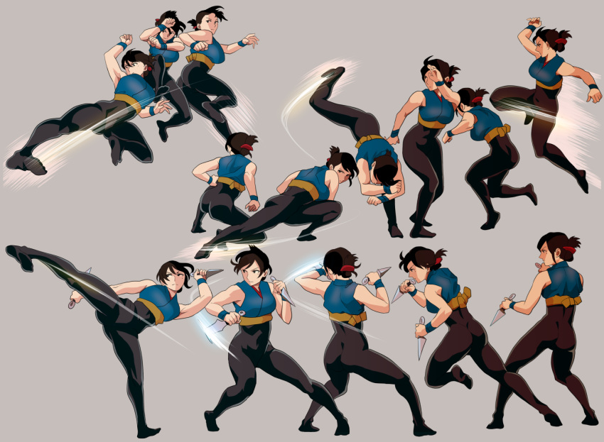 1girl action arm_up bangs bare_shoulders black_hair black_legwear blue_eyes bodystocking breasts charging_forward clenched_hands crop_top dual_wielding facing_away fighting_stance flying_kick folded_ponytail gesogeso grey_background hair_ornament hand_up holding holding_weapon jumping kicking kunai large_breasts looking_away looking_to_the_side motion_lines multiple_views muscle ninja no_shoes one_knee original outstretched_arm outstretched_leg reverse_grip rider_kick roundhouse_kick sash sequential sidelocks simple_background slashing sleeveless squatting tabi toned upside-down weapon wristband