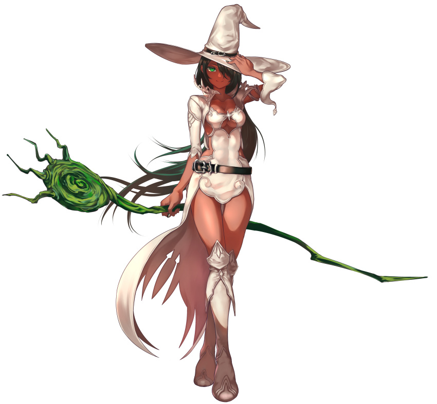 1girl absurdres belt black_belt black_hair boots borrowed_character breasts dark_skin dress full_body green_eyes hand_on_headwear hat highres kainownill long_hair looking_at_viewer medium_breasts original revealing_clothes short_dress shrug_(clothing) simple_background smile solo staff standing star_(symbol) thigh_boots thighhighs very_long_hair white_background white_dress white_footwear white_headwear white_witch_(lack) wind witch witch_hat