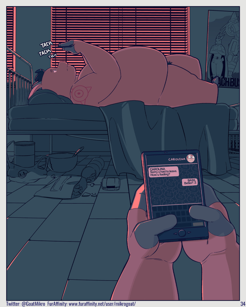 2020 4:5 anthro basil_(mikrogoat) bed belly cellphone comic domestic_pig furniture hi_res inside lying male mammal mikrogoat overweight overweight_anthro overweight_male phone pubes smartphone solo suid suina sus_(pig) text url