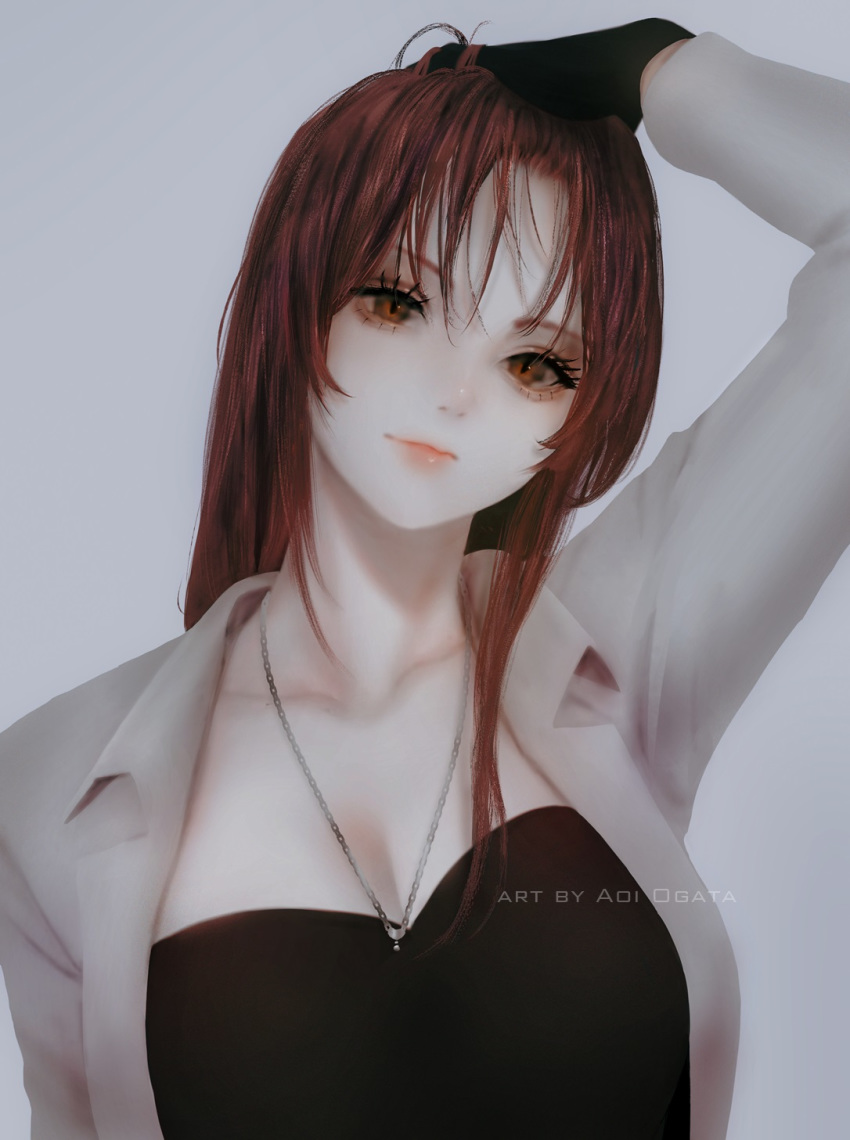 1girl aoi_ogata arm_up artist_name bangs black_dress black_gloves breasts brown_eyes brown_hair cleavage clip_studio_paint_(medium) closed_mouth collarbone commentary commission dress english_commentary gloves grey_background grey_jacket hand_on_own_head highres jacket jewelry long_hair long_sleeves looking_at_viewer necklace open_clothes open_jacket original simple_background small_breasts smile solo upper_body