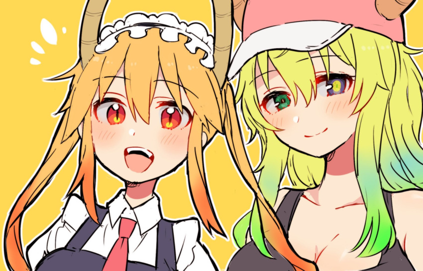 baseball_cap blonde_hair blush breasts cleavage dragon_girl dragon_horns gradient_hair green_hair hat heterochromia highres horns horns_through_headwear kobayashi-san_chi_no_maidragon long_hair looking_at_viewer maid maid_headdress multicolored_hair multiple_girls open_mouth quetzalcoatl_(maidragon) sorimachi-doufu tank_top tooru_(maidragon) twintails