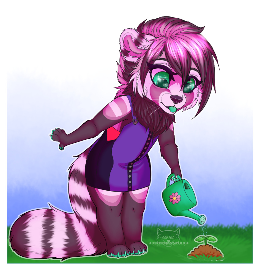 ailurid alpha_channel anthro chibi female fluffy fur grass green_eyes green_tongue hair hi_res mammal pink_body pink_fur pink_hair plant red_panda simple_background sky solo standing tongue tuki_(xredpandax) water watering watering_can xredpandax_(artist)