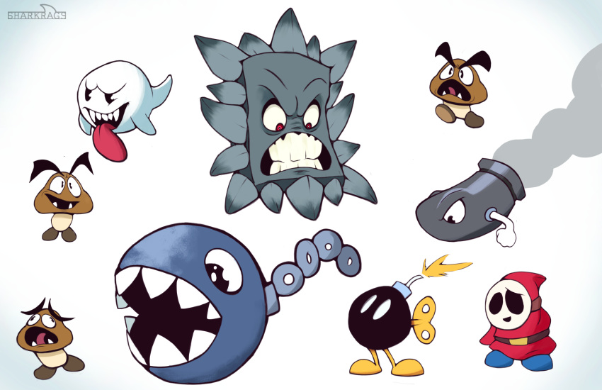 2020 ambiguous_gender animate_inanimate bob-omb boo_(mario) bullet_bill chain chain_chomp goomba hi_res mario_bros mask nintendo open_mouth red_eyes sharkrags sharp_teeth shyguy simple_background smile sphere_creature spikes spirit teeth thwomp tongue tongue_out video_games white_background