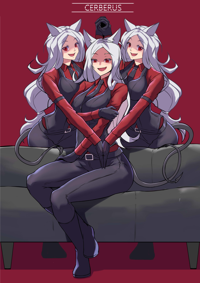 2020 absurd_res boots bottomwear cerberus_(helltaker) clothing demon female footwear furniture gloves handwear helltaker hi_res humanoid looking_at_viewer open_mouth pants red_eyes sitting sofa suit torahime