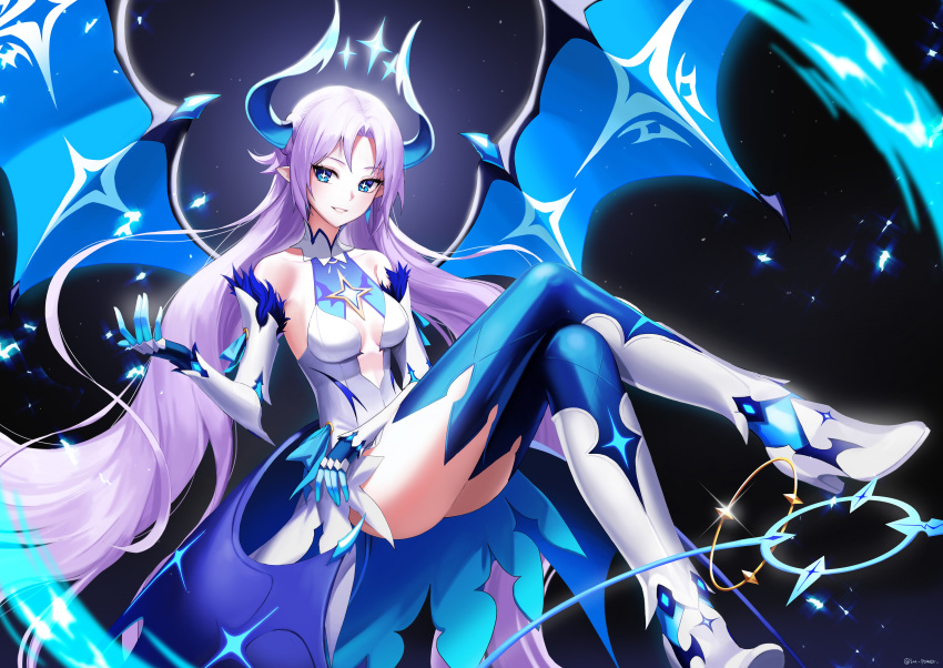 +_+ absurdres bare_shoulders blue_eyes blue_horns blue_wings breasts crossed_legs demon_girl demon_horns demon_wings elbow_gloves elsword gloves high_heels highres horns ishtar_(elsword) long_hair luciela_r._sourcream medium_breasts pointy_ears power_(lu_power) purple_hair smile sparkle thighhighs very_long_hair wings