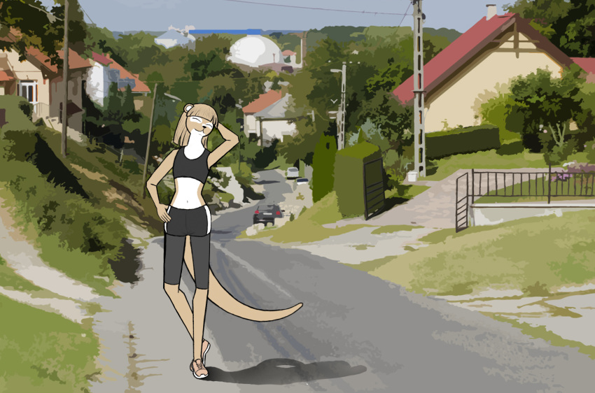 anthro audi audi_a3 bottomwear clothing driveway female gate hair happy hedge hi_res hill lutrine mammal millennium_fox mustelid road short_hair shorts silo solo sportswear street_lamp town tree