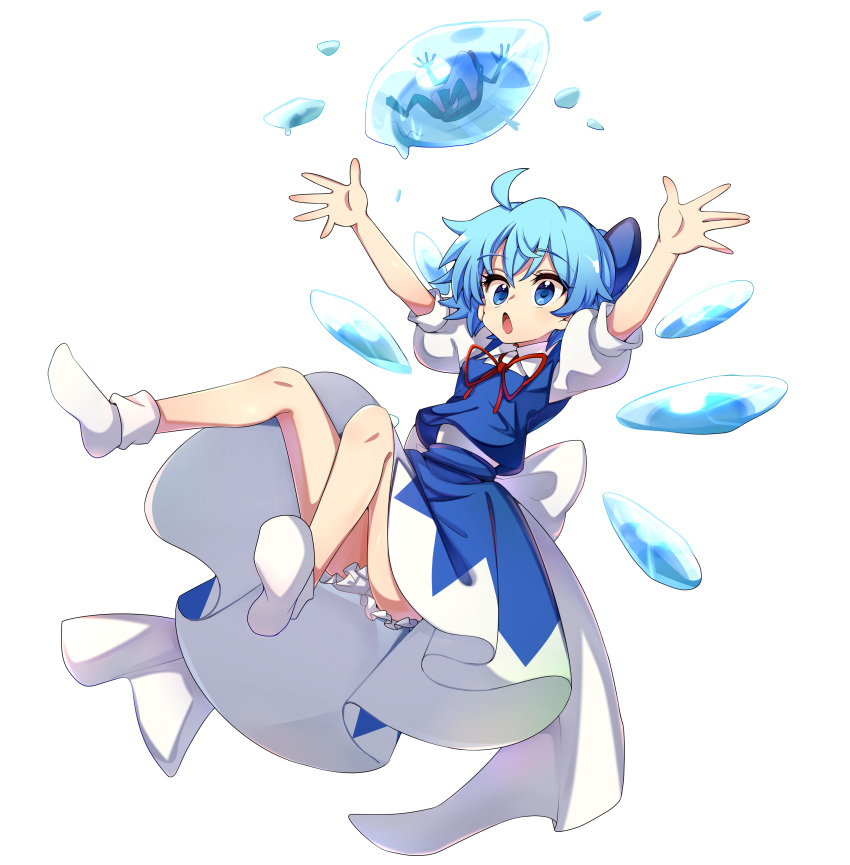 :o absurdres ahoge baba_(baba_seimaijo) bare_legs blue_bow blue_dress blue_eyes blue_hair bobby_socks bow cirno dress frog frozen full_body hair_bow highres ice ice_wings medium_dress neck_ribbon open_mouth outstretched_arms puffy_short_sleeves puffy_sleeves red_ribbon ribbon sash shirt short_hair short_sleeves socks spread_arms touhou white_background white_legwear white_ribbon white_shirt wings