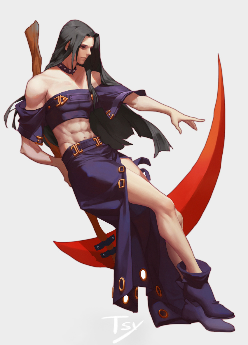 1boy absurdres bare_shoulders black_hair choker etsy guilty_gear highres long_hair red_eyes scythe testament_(guilty_gear)