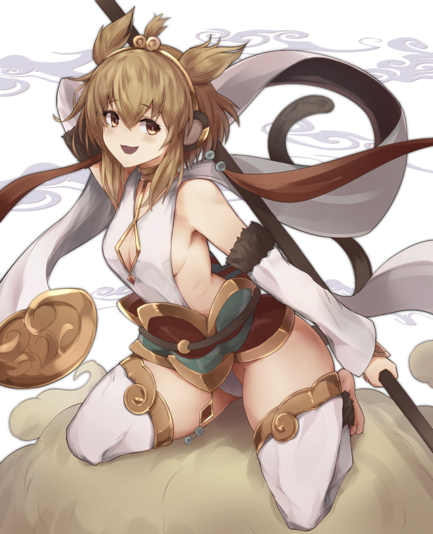 ahoge alder andira_(granblue_fantasy) animal_ears blonde_hair detached_leggings detached_sleeves erune flying_nimbus granblue_fantasy hagoromo highres monkey monkey_ears monkey_girl monkey_tail shawl staff tail