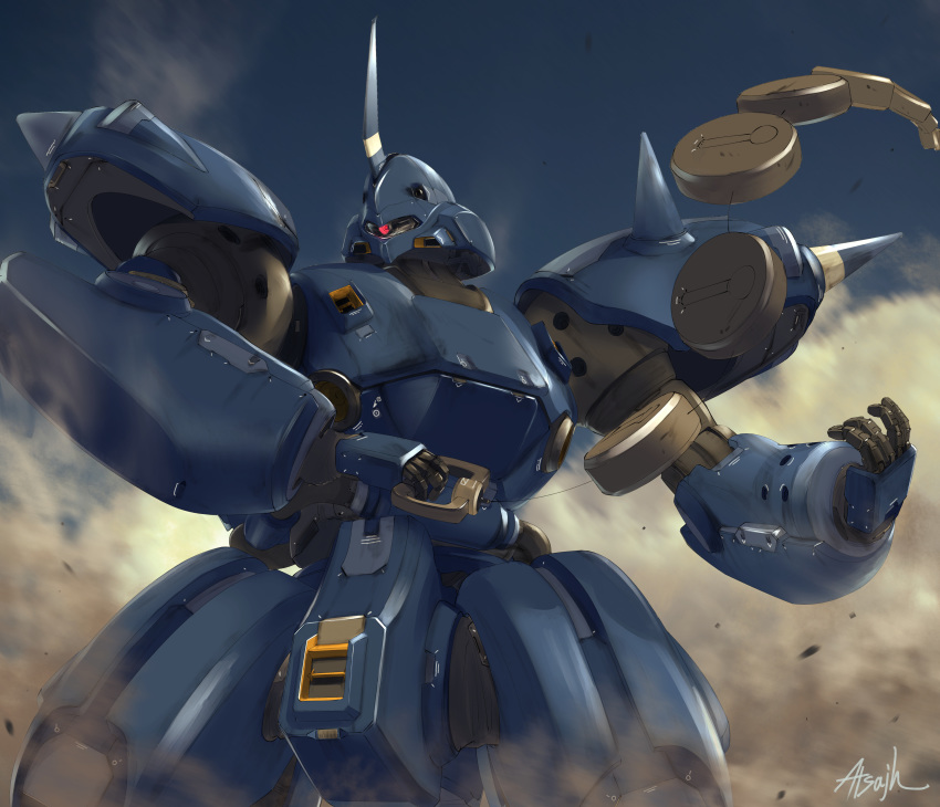 absurdres artist_name atsajh dust gundam gundam_0080 highres kampfer_(mobile_suit) looking_to_the_side mecha no_humans one-eyed open_hand red_eyes solo zeon