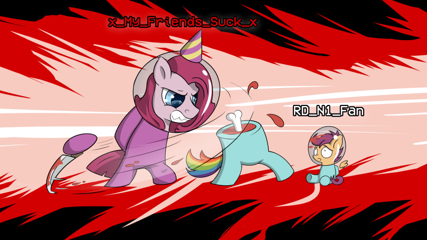 16:9 4k absurd_res among_us angry anthro blood bodily_fluids bone cocaine_(artist) death equid equine female friendship_is_magic gore group hasbro hi_res horse innersloth killing knife mammal my_little_pony parody pegasus pinkamena_(mlp) pinkie_pie_(mlp) pony rainbow_dash_(mlp) scared scootaloo_(mlp) space spacesuit teeth video_games widescreen wings