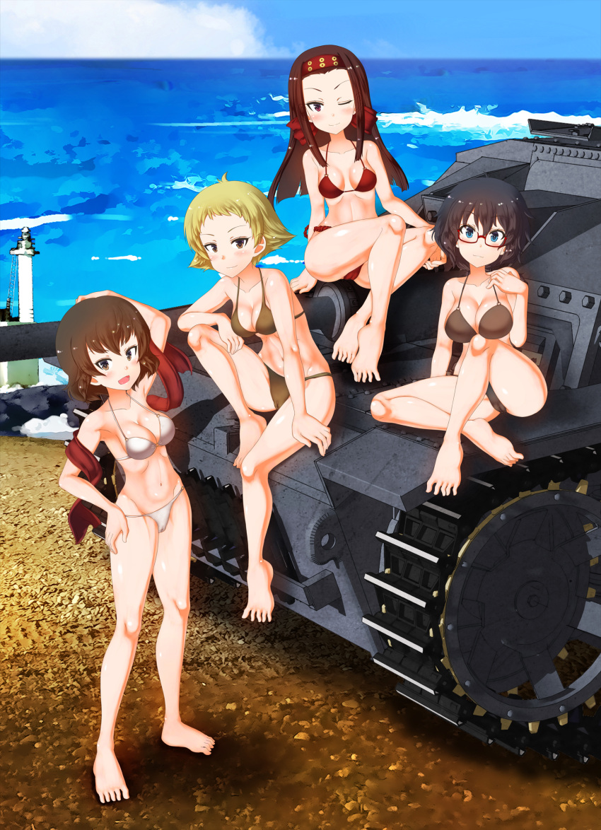 4girls aquaegg bangs bikini blonde_hair blush breasts caesar_(girls_und_panzer) cleavage cloud collarbone day erwin_(girls_und_panzer) girls_und_panzer ground_vehicle highres large_breasts lighthouse looking_at_viewer military military_vehicle motor_vehicle multiple_girls navel ocean oryou_(girls_und_panzer) outdoors saemonza_(girls_und_panzer) short_hair sky sturmgeschutz_iii swimsuit tank water