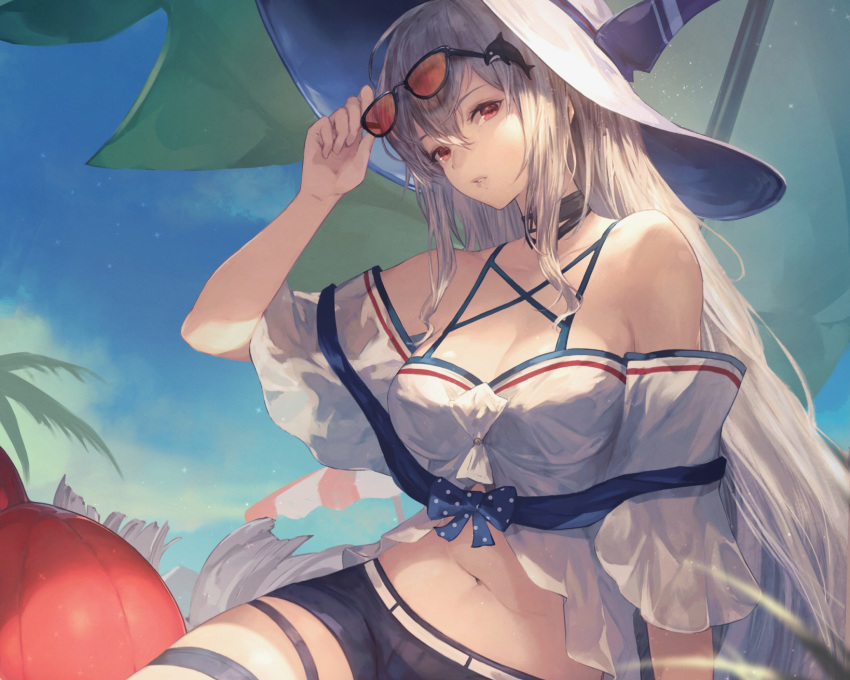 arknights breasts cleavage cropped hat long_hair navel red_eyes shirataki_jiro shorts skadi_(arknights) white_hair