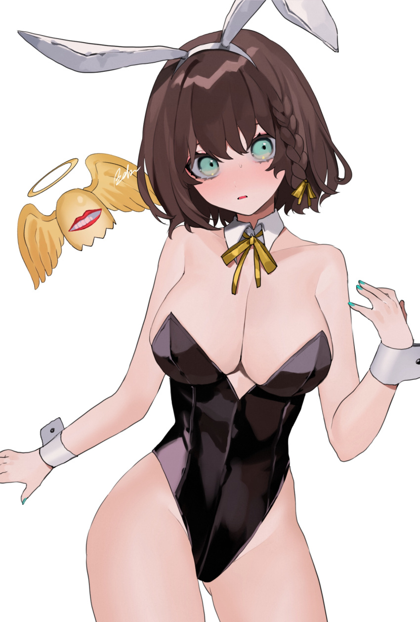 1girl animal_ears bare_shoulders bebe_pp braid breasts brown_hair bunny_ears bunnysuit charlotte_corday_(fate/grand_order) cleavage collarbone eyebrows fake_animal_ears fate/grand_order fate_(series) green_nails hairband highres large_breasts looking_at_viewer parted_lips ribbon short_hair single_braid solo white_hairband wrist_cuffs yellow_ribbon