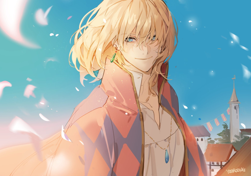 1boy bangs blonde_hair blue_eyes building cape collared_shirt day earrings hair_between_eyes highres howl_(howl_no_ugoku_shiro) howl_no_ugoku_shiro jewelry male_focus necklace outdoors petals print_cape shirt signature sky smile solo upper_body white_shirt yooroongoo