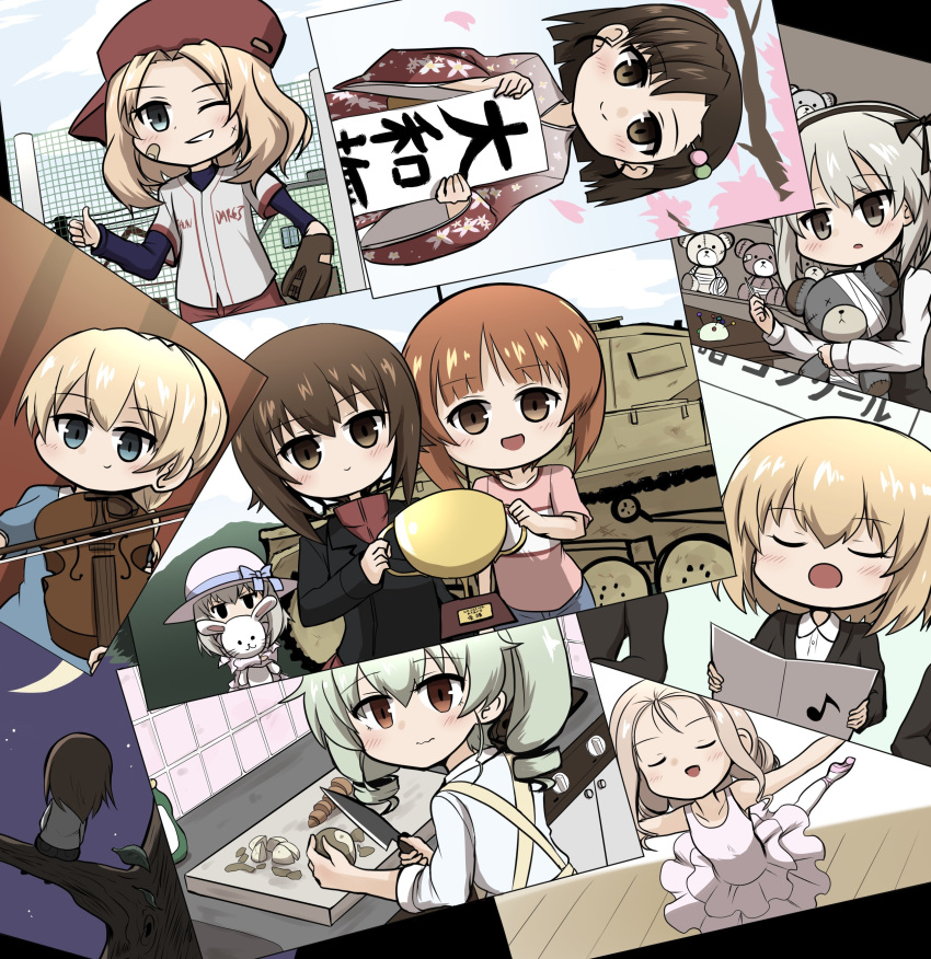 6+girls absurdres anchovy_(girls_und_panzer) apron asymmetrical_bangs ballerina ballet ballet_slippers bandages bandaid bandaid_on_head bangs baseball_cap baseball_jersey baseball_mitt bird black_jacket black_shirt black_skirt blonde_hair blue_eyes blue_sky blunt_ends boko_(girls_und_panzer) bow braid branch brown_eyes brown_hair casual cherry_blossoms closed_eyes closed_mouth cloud cloudy_sky cooking crescent_moon dancing dango dango_hair_ornament darjeeling_(girls_und_panzer) dirty dirty_face dress drill_hair eighth_note eyebrows_visible_through_hair floral_print food food_themed_hair_ornament frown girls_und_panzer green_hair grey_shirt grin ground_vehicle hair_intakes hair_ornament hat hat_bow headband high-waist_skirt highres holding holding_instrument holding_knife holding_needle holding_stuffed_toy indoors instrument jacket japanese_clothes jitome katyusha_(girls_und_panzer) kay_(girls_und_panzer) kimono knife kumo_(atm) layered_skirt leg_up light_blush light_brown_hair light_frown long_hair long_sleeves marie_(girls_und_panzer) medium_hair mika_(girls_und_panzer) military military_uniform military_vehicle moon motor_vehicle multiple_girls music musical_note needle night night_sky nishi_kinuyo nishizumi_maho nishizumi_miho one_eye_closed one_side_up open_mouth outdoors outstretched_arms pantyhose panzerkampfwagen_ii parted_lips photo_(object) pink_dress pink_shirt playing_instrument red_eyes red_headband red_kimono red_shirt sanshoku_dango sewing shimada_arisu shirt short_hair siblings sideways_hat silver_hair singing sisters sitting skirt sky sleeves_rolled_up smile spread_arms standing standing_on_one_leg stuffed_animal stuffed_bunny stuffed_toy sun_hat suspender_skirt suspenders t-shirt tank teddy_bear thumbs_up trait_connection tree trophy turtleneck tutu twin_braids twin_drills twintails uniform viola_(instrument) wagashi white_headwear white_legwear white_shirt wide_sleeves yellow_apron younger