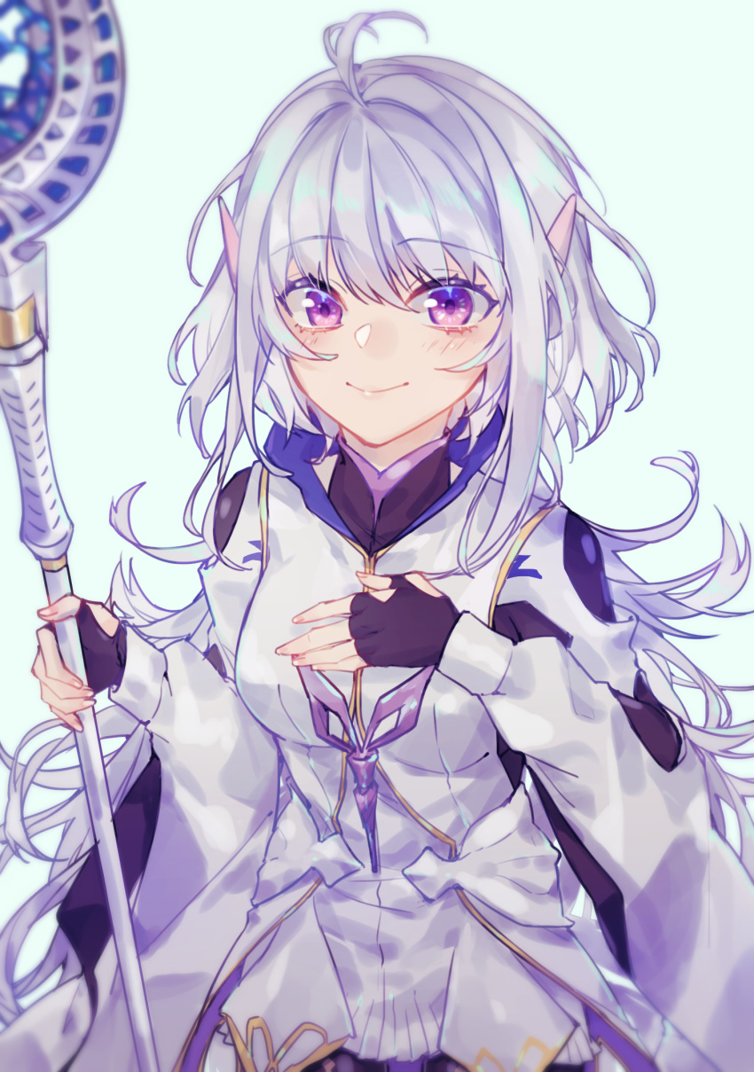 1girl ahoge bangs black_gloves blush breasts closed_mouth fate/grand_order fate/prototype fate_(series) fingerless_gloves gloves highres holding holding_staff hooded_robe long_hair long_sleeves looking_at_viewer medium_breasts merlin_(fate/prototype) p-mou purple_eyes smile staff very_long_hair white_hair white_hood wide_sleeves