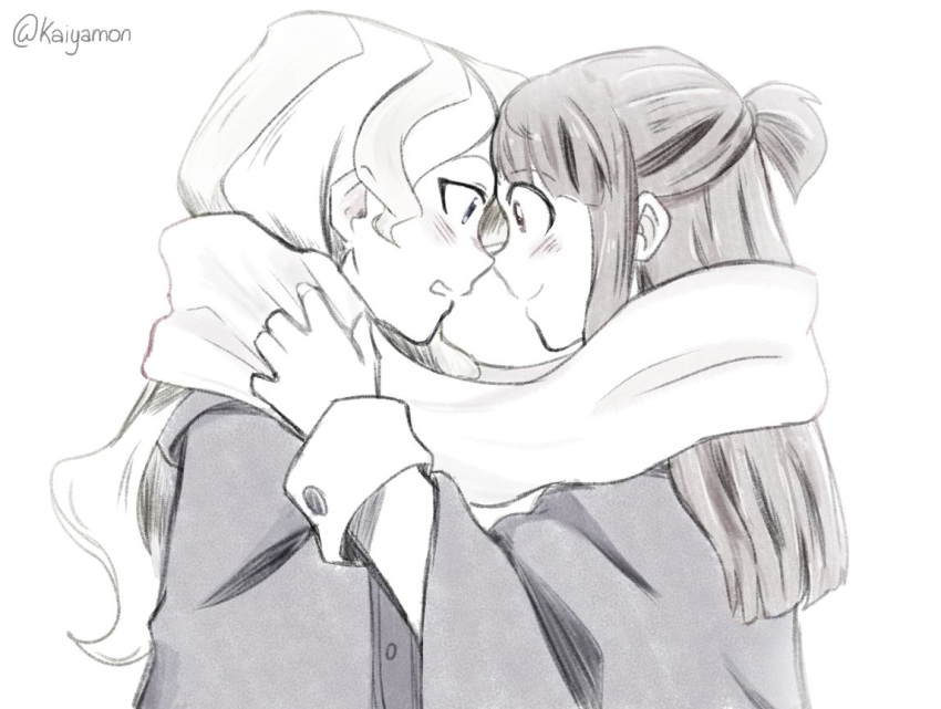 2girls blush couple diana_cavendish embarrassed eye_contact happy kagari_atsuko kaiyamon little_witch_academia long_hair looking_at_another monochrome multiple_girls open_mouth scarf simple_background smile surprised wavy_hair white_background yuri