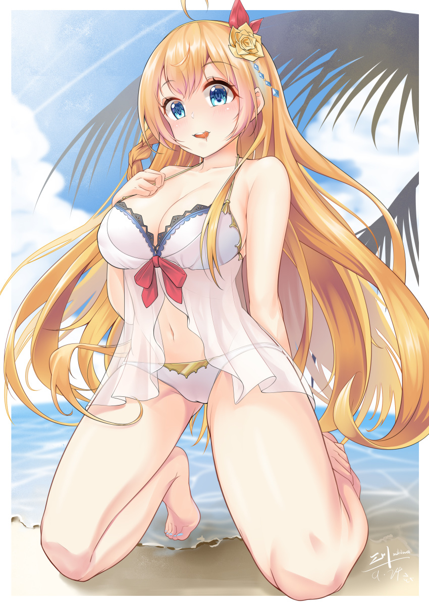 1girl :p absurdres ahoge barefoot beach bikini blue_eyes blue_sky breasts cloud dated day flower full_body hair_flower hair_ornament highres kneeling large_breasts long_hair looking_at_viewer mikawa_sansen navel ocean orange_hair outdoors pecorine_(princess_connect!) princess_connect! princess_connect!_re:dive rose saliva sand signature sky solo swimsuit toes tongue tongue_out white_bikini yellow_flower yellow_rose