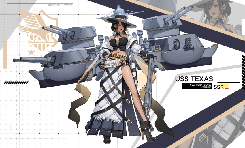 1girl :d anchor_symbol ankle_boots artist_name azur_lane bare_legs bare_shoulders belt belt_buckle black_footwear black_gloves black_hair black_headwear black_panties black_shirt boots breasts brown_eyes buckle character_name cleavage commentary cowboy_hat crop_top dark_skin dishwasher1910 earrings elbow_gloves english_commentary english_text frilled_sleeves frills full_body glint gloves gun hair_bun hair_over_one_eye hand_on_hip hat high_heel_boots high_heels highres holder holding holding_gun holding_weapon jewelry large_breasts long_hair long_legs long_skirt long_sleeves looking_at_viewer machinery mast midriff multicolored_hair navel off_shoulder open_mouth original panties rigging shirt short_hair shotgun side_slit single_glove skirt sleeveless sleeveless_shirt smile solo standing star_(symbol) stomach stud_earrings sun_hat texas_(dishwasher1910) thighs turret two-tone_hair underwear v-shaped_eyebrows weapon white_skirt