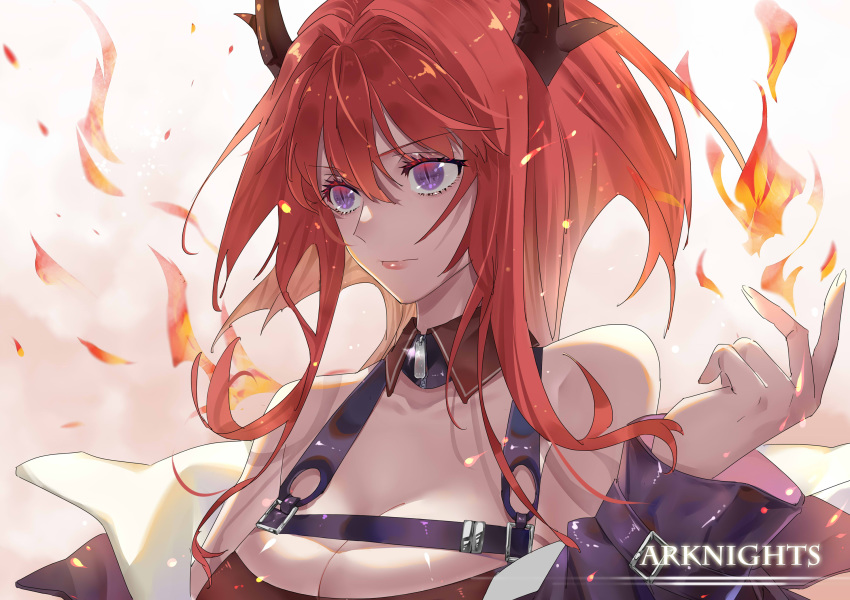 1girl arknights bangs bare_shoulders breasts cleavage commentary copyright_name detached_collar eyebrows_visible_through_hair hair_between_eyes hand_up highres horns large_breasts long_hair long_sleeves purple_eyes red_hair solo surtr_(arknights) upper_body ws