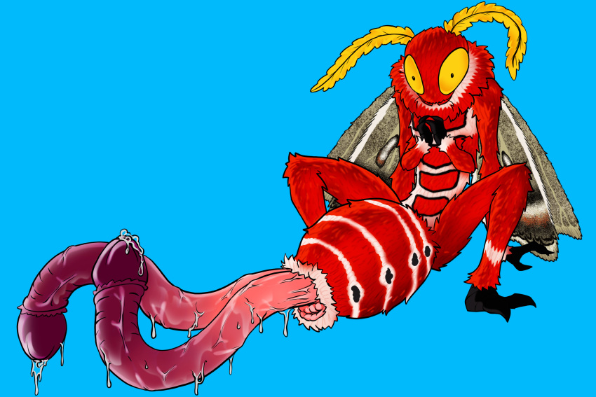 3:2 animal_genitalia animal_penis antennae_(anatomy) anthro anus arthropod arthropod_abdomen arthropod_abdomen_anus arthropod_abdomen_genitalia arthropod_abdomen_penis big_penis bodily_fluids cecropia_moth compound_eyes genital_fluids genitals hi_res huge_anus huge_penis hyper hyper_genitalia hyper_penis insect lepidopteran lepidopteran_wings male moth multi_arm multi_genitalia multi_limb multi_penis nude penis precum prehensile_penis presenting puffy_anus saturniid simple_background sitting solo sweet_yissus wings