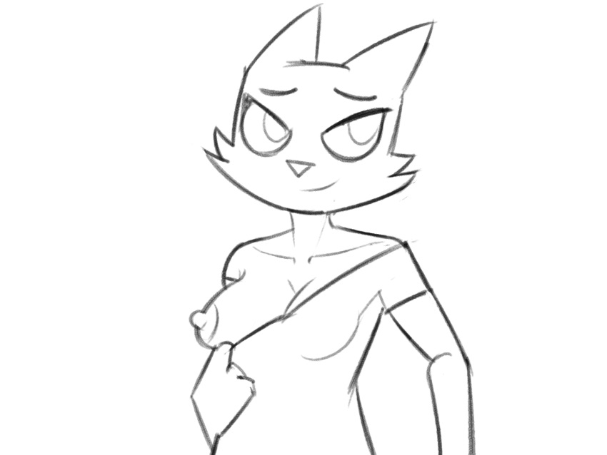 4:3 anthro areola breasts clothed clothing erect_nipples felid female fran_(litterbox_comics) hi_res mammal monochrome nipples one_breast_out partially_clothed presenting presenting_breasts solo zambs