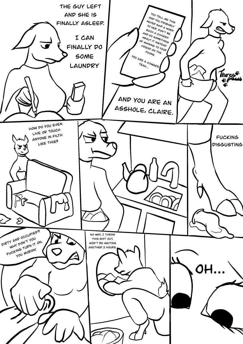 absurd_res anthro cervid clothed clothing comic condom english_text female hi_res hooves laundry mammal monochrome profanity sexual_barrier_device simple_background solo teah_(threepaws) text threepaws