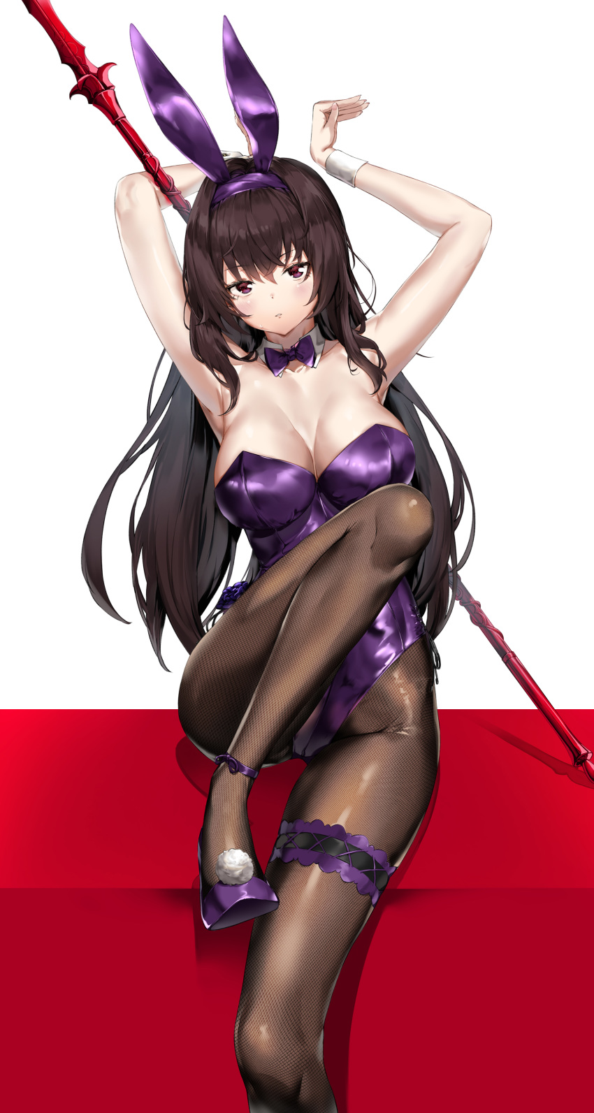 1girl absurdres animal_ears armpits arms_up bangs bare_shoulders blush breasts bunny_ears bunny_girl bunny_pose bunnysuit cleavage detached_collar fake_animal_ears fate/grand_order fate_(series) fishnet_legwear fishnets gae_bolg hair_between_eyes hairband highres knees_up large_breasts leotard long_hair looking_at_viewer pantyhose parted_lips piercing_bunny pixel_(yuxian) polearm purple_hair purple_hairband purple_legwear purple_leotard purple_neckwear red_eyes scathach_(fate)_(all) scathach_(fate/grand_order) sitting solo spear strapless strapless_leotard sweatdrop thigh_strap weapon weapon_on_back wrist_cuffs