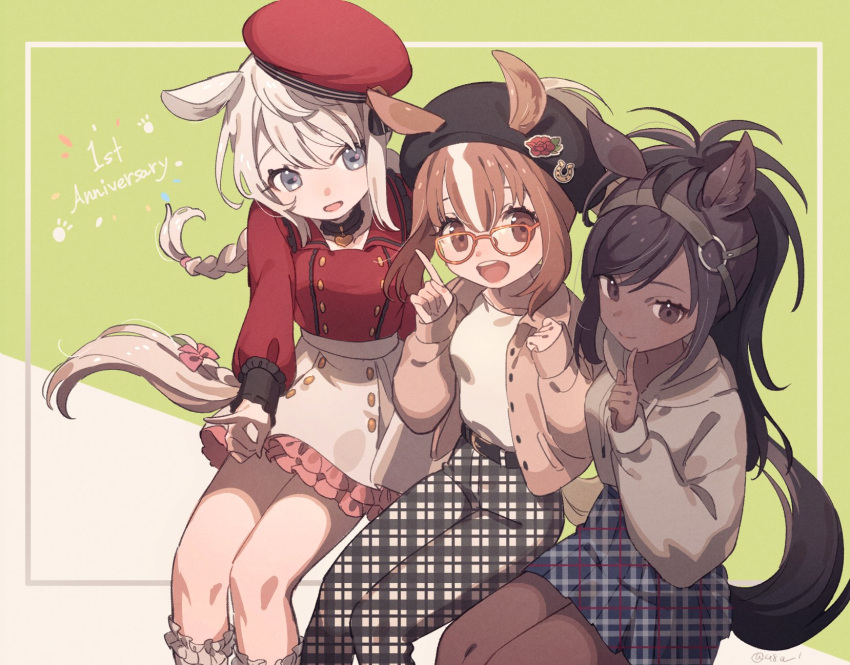 alternate_costume animal_ears beige_hoodie beret black_hair black_neckwear black_pants blue_eyes blue_skirt braid brown_eyes brown_thoroughbred_(kemono_friends) casual chestnut_thoroughbred_(kemono_friends) choker commentary_request dark_skin ears_through_headwear eyebrows_visible_through_hair frilled_legwear frilled_skirt frills glasses hat headgear highres hood hoodie horse_ears horse_girl horse_tail jacket kemono_friends kemono_friends_3 light_brown_hair long_sleeves multicolored_hair namihaya pants pink_jacket pink_skirt plaid plaid_pants plaid_skirt pleated_skirt ponytail red_shirt shirt short_hair sitting skirt sleeve_cuffs socks tail white_hair white_legwear white_pants white_shirt white_skirt white_thoroughbred_(kemono_friends)