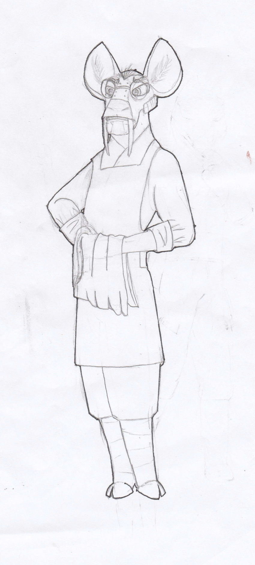 absurd_res anthro apron cervid clothed clothing dreamworks eyewear fan_character frown glasses graphite_(artwork) hands_covered hi_res kung_fu_panda male mammal pencil_(artwork) puttee rolled_up_sleeves scowl solo spectacles towel traditional_media_(artwork) unclesamtheman water_deer