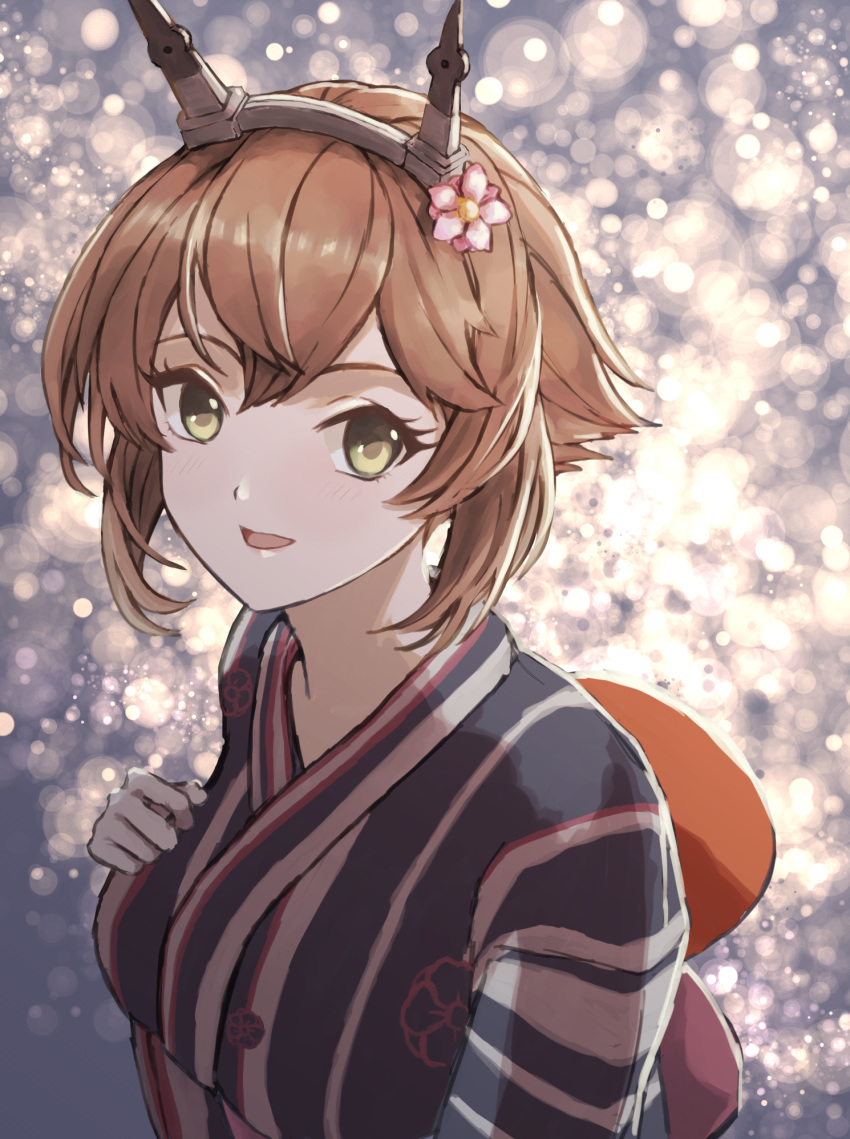 1girl brown_hair fireworks flower green_eyes hair_flower hair_ornament highres japanese_clothes kantai_collection kimono mutsu_(kantai_collection) ninimaru short_hair yukata